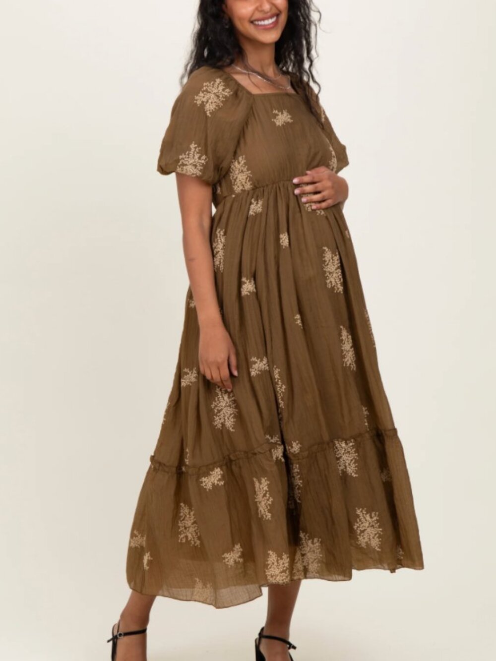 Mocha Floral Embroidered Puff Sleeve Maternity Midi Dress - XL